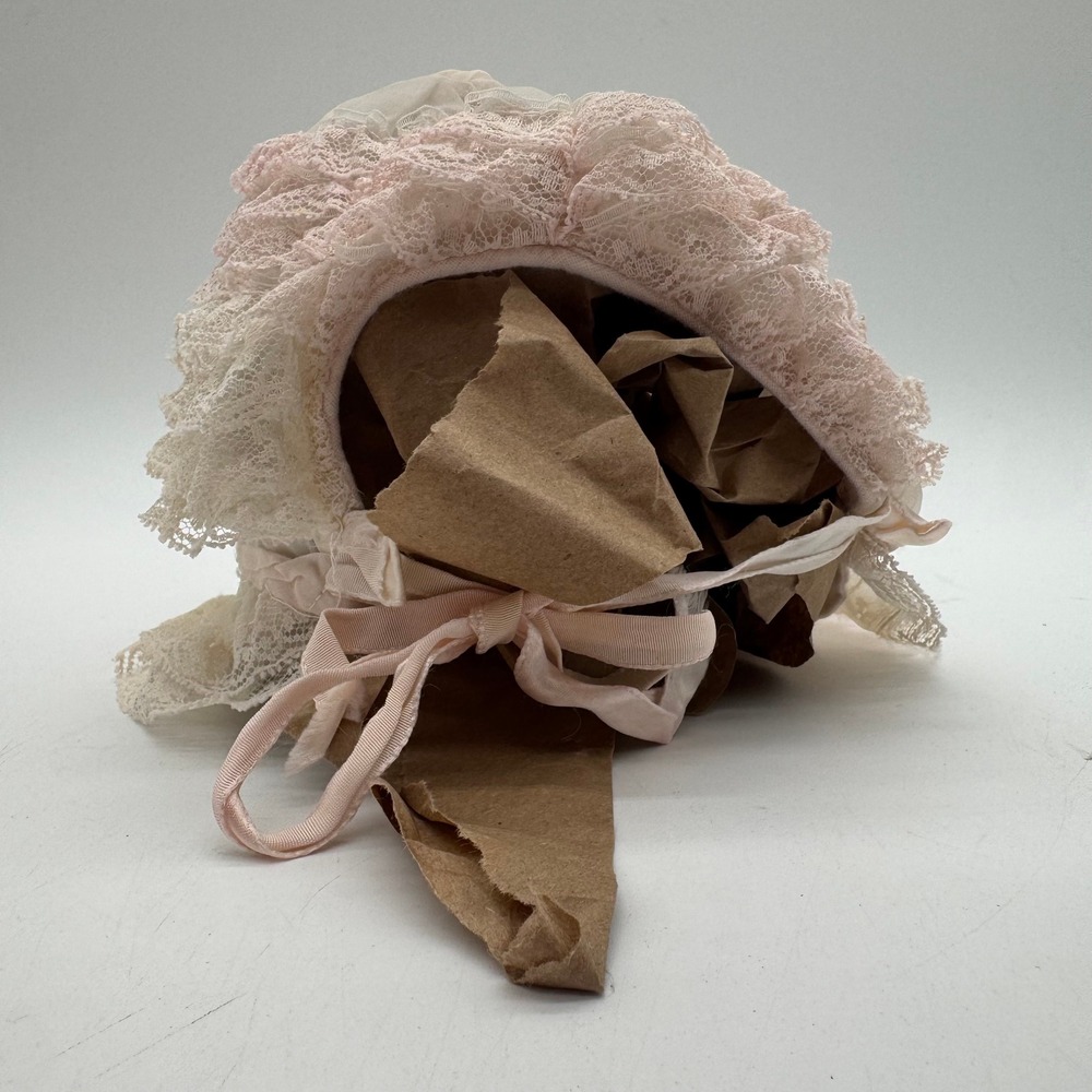 Baby Pink Ivory Lace Ruffle Bonnet Ribbon Ties Approx US 12 Months